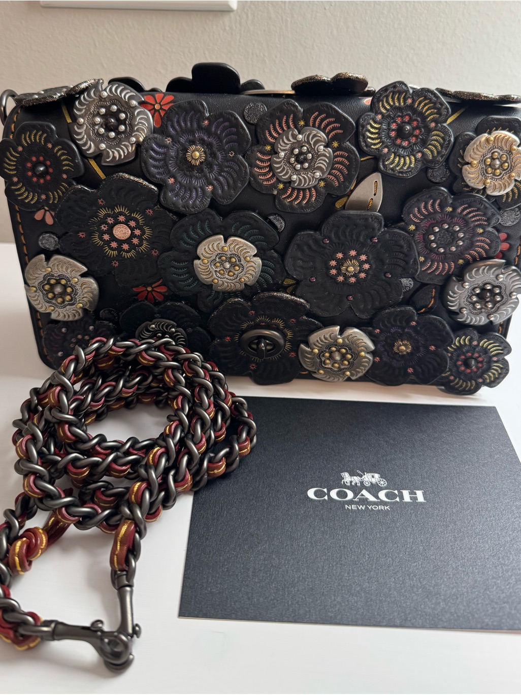 Coach 1941 Black/Purple Tooled Tea Rose Dinky 21586